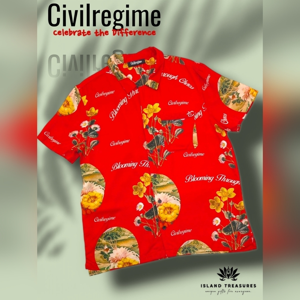 CivilRegime Tropical Flair Button Down Casual Shirt Red Yellow Mens Size Large - Picture 1 of 17
